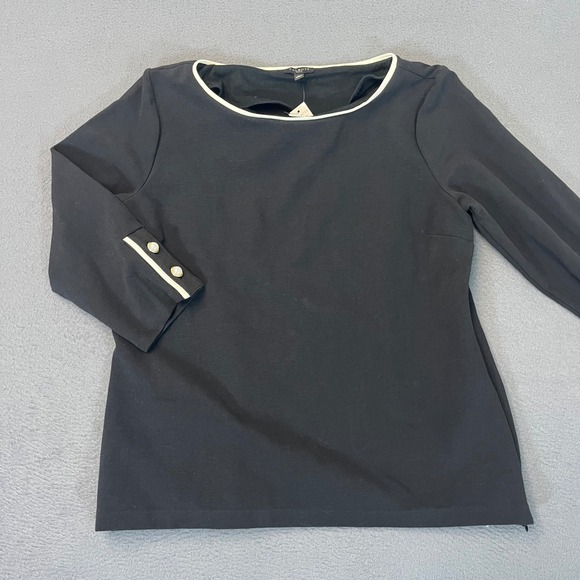 Talbots Tops - Talbots Petite Medium Black Boat Neck Top Ivory Trim Pearl Button Cuff Shirt NWI